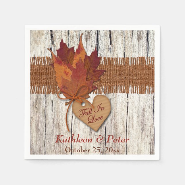 Serviettes Jetables FAUX Burlap, Bois, Feuilles, Mariage de coeur serv (Devant)