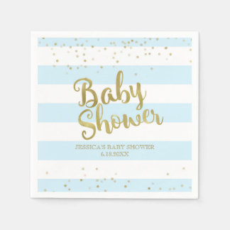 Serviettes Jetables Faux Gold Foil, Blue Stripes Baby shower Garçon