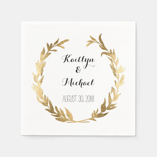 Serviettes Jetables Faux Gold Leaf Laurel Wreath Bride Réception (Devant)
