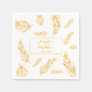 Serviettes Jetables Faux Golden Yellow Feathers & Mariage Couple Names