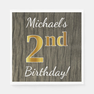 Serviettes Jetables Faux Wood, Faux Gold 2e anniversaire + Nom personn