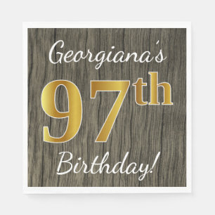 Serviettes Jetables Faux Wood, Faux Gold 97e anniversaire + Nom person