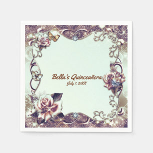 Serviettes Jetables Fête de Quinceañera Bronze Roses & Papillons