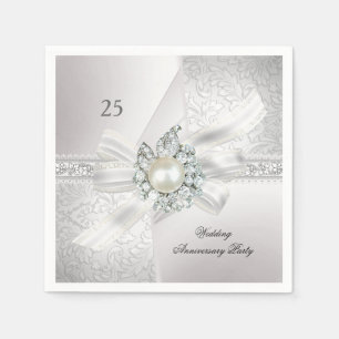 Serviettes Jetables Fête des 25 ans de mariage perle blanc argenté