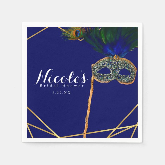Serviettes Jetables Fête sur mesure Masque Paon Bleu & Or (Devant)