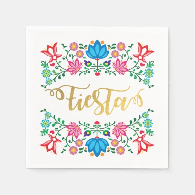 Serviettes Jetables Fiesta Florale Or Mexicaine Folkart Napkins (Devant)
