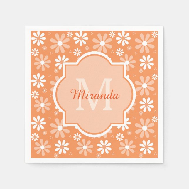 Serviettes Jetables Fille Monogramme mignon Orange Daisy Fleurs et nom (Devant)