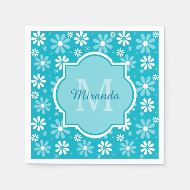 Serviettes Jetables Fille Monogramme Turquoise Daisy Fleurs Avec Nom (Devant)