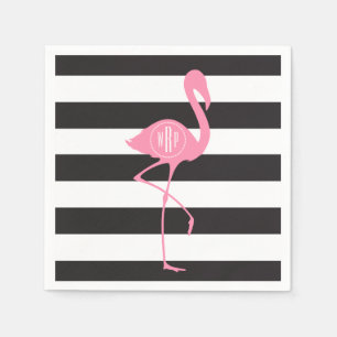 Serviettes Jetables Flamant rose rose monogramme + noir + blanc