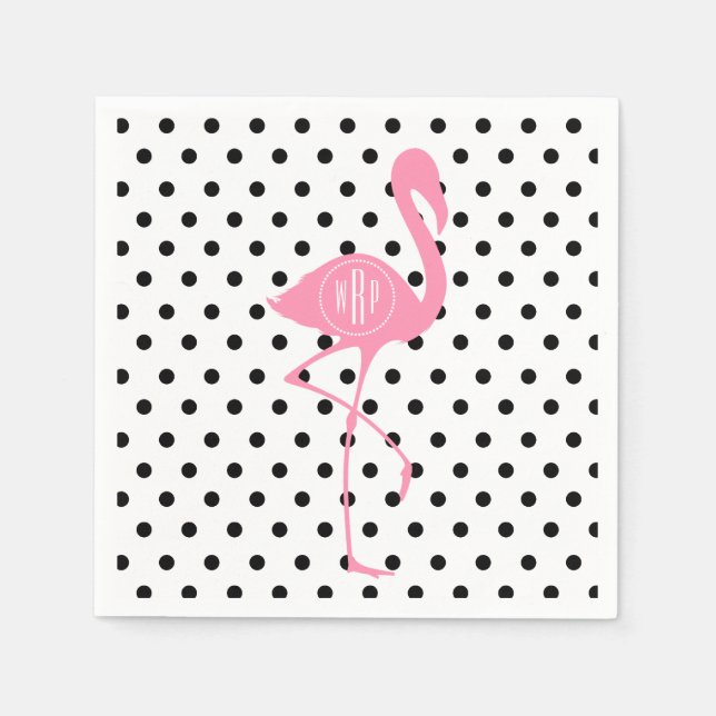 Serviettes Jetables Flamant rose rose monogramme + point noir Polka (Devant)