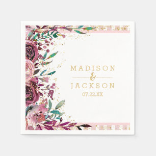 Serviettes Jetables Fleurs chic Blush Stripes & Mariage Monogramme Or