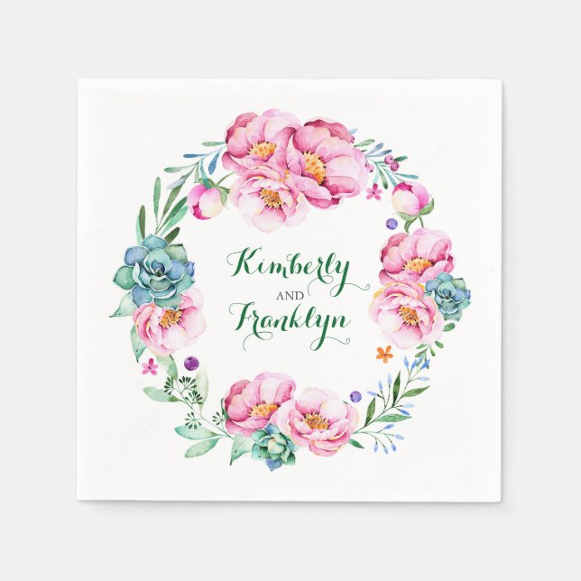 Serviettes Jetables fleurs d'aquarelle couronne mariage élégant (Devant)