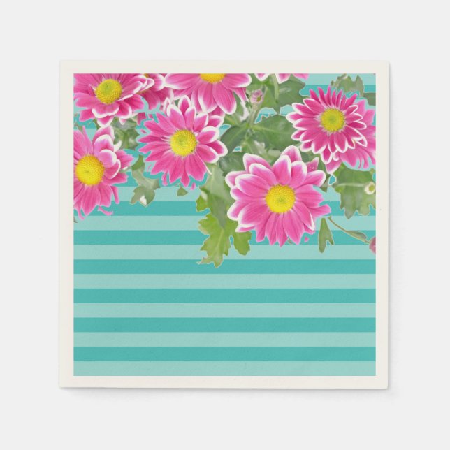 Serviettes Jetables Fleurs de marguerite rose fraîche sur bandes Turqu (Devant)