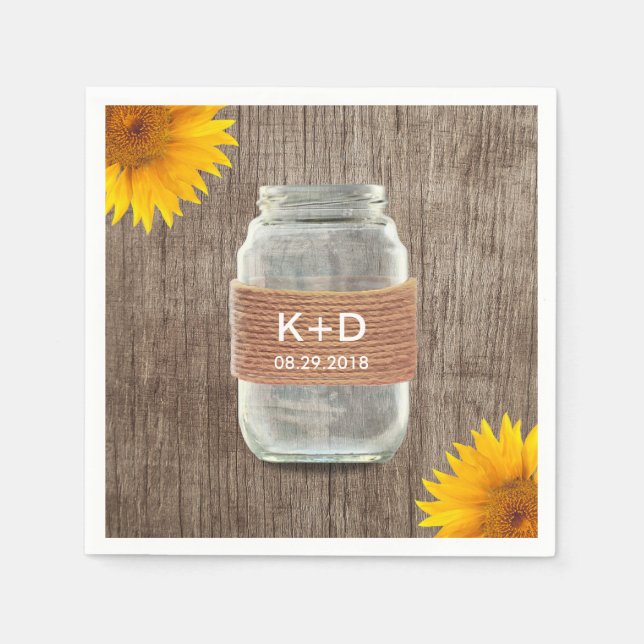 Serviettes Jetables Fleurs de soleil rustiques Mason Jar mariage vinta (Devant)