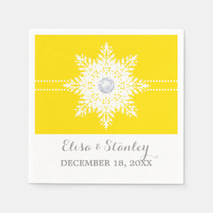 Serviettes Jetables Flocon de neige moderne jaune, mariage d'hiver bla