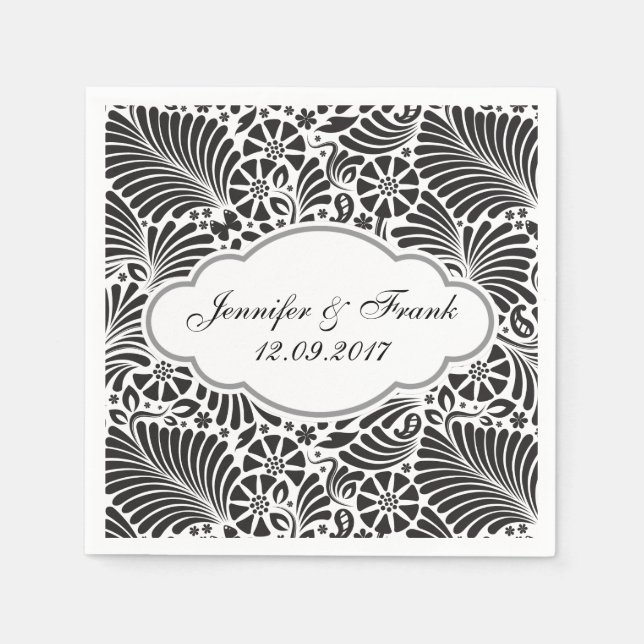 Serviettes Jetables Floral baroque moderne Mariage noir et blanc (Devant)