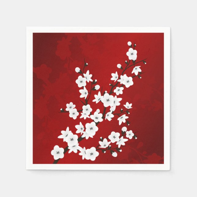 Serviettes Jetables Floral De Fleurs De Cerisiers Rouge Et Blanc (Devant)