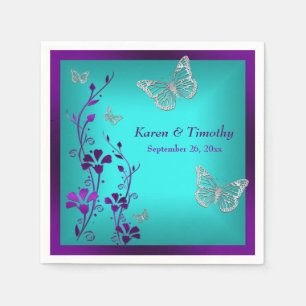 Serviettes Jetables Flore Turquoise d'argent violet, Papillons, servie