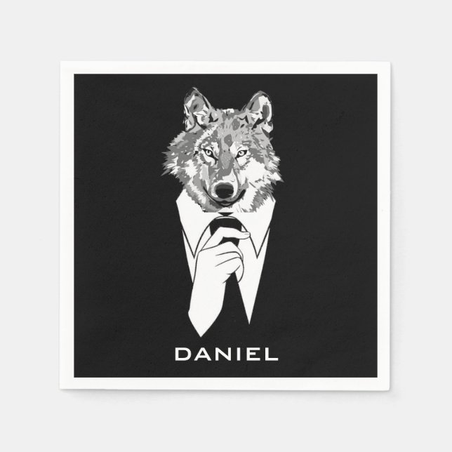 Serviettes Jetables Funny Hipster Wolf avec Black Tuxedo Personnalisé (Devant)