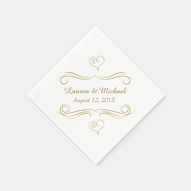Serviettes Jetables Gold Calligraphy Hearts Swirl Mariage (Coin)