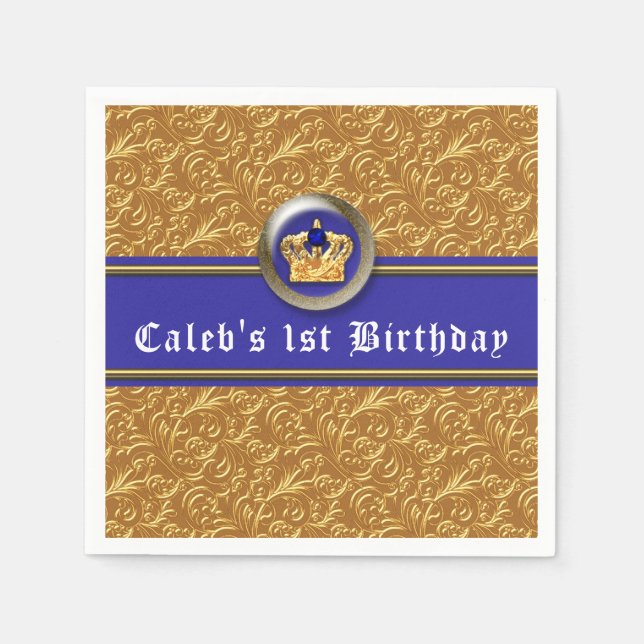 Serviettes Jetables Gold & Royal Blue Crown Anniversaire de fête Couss (Devant)