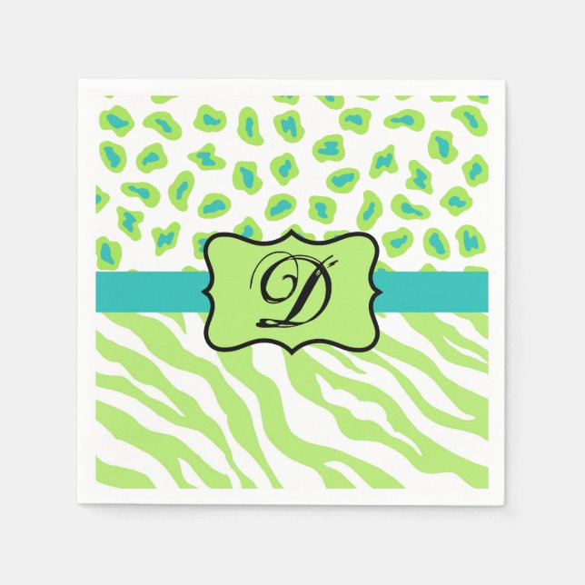 Serviettes Jetables Green White Zebra Leopard Skin Monogram (Devant)