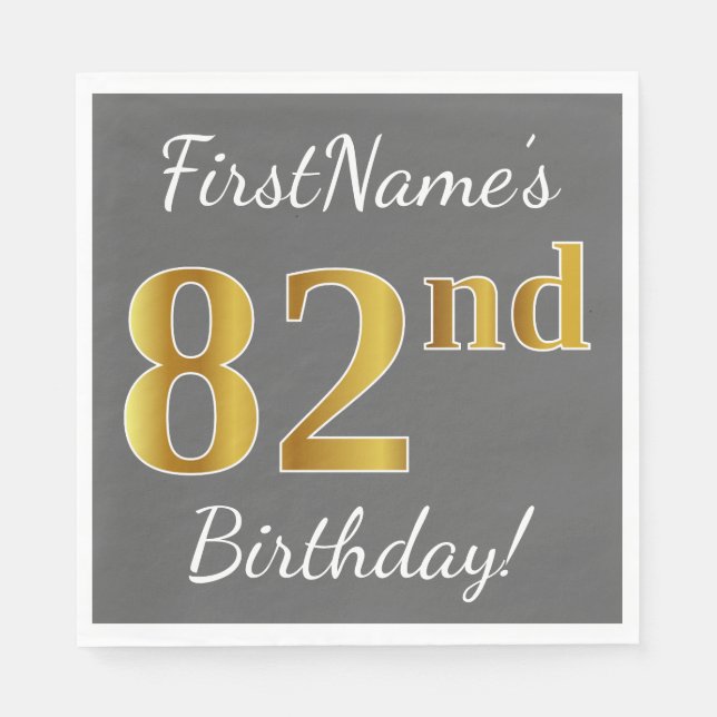 Serviettes Jetables Grey, Faux Gold 82e anniversaire + Nom personnalis (Devant)