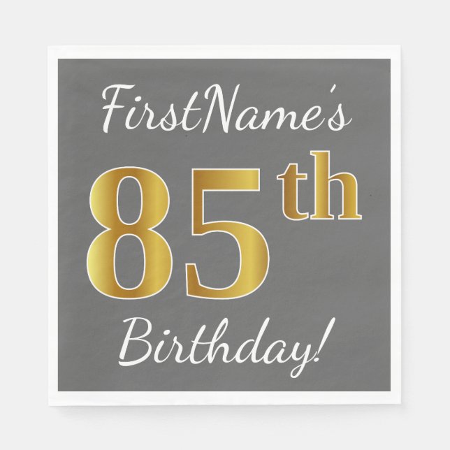 Serviettes Jetables Grey, Faux Gold 85e anniversaire + Nom personnalis (Devant)