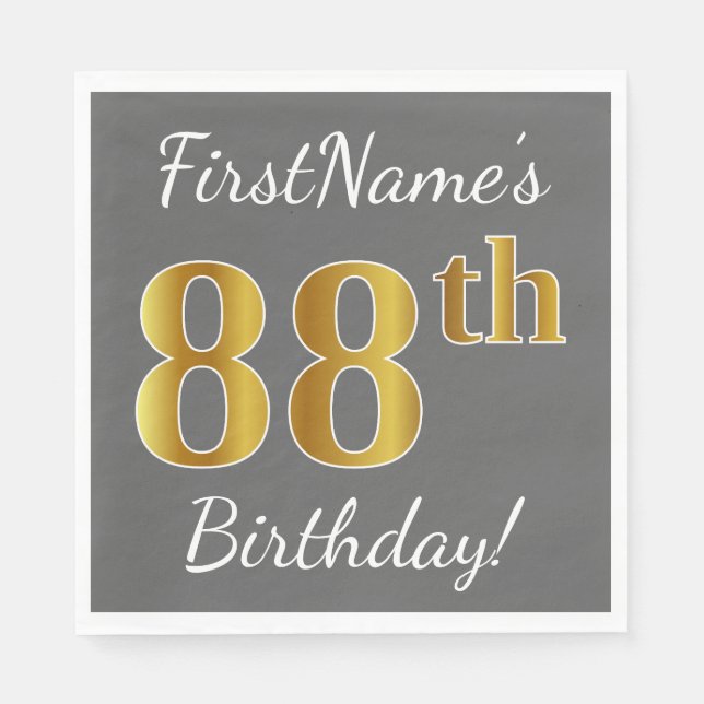 Serviettes Jetables Grey, Faux Gold 88e anniversaire + Nom personnalis (Devant)