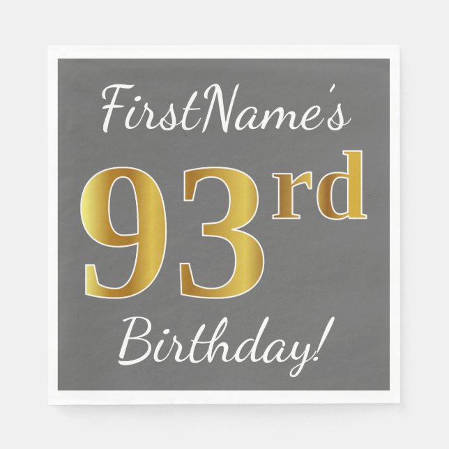 Serviettes Jetables Grey, Faux Gold 93e anniversaire + Nom personnalis (Devant)