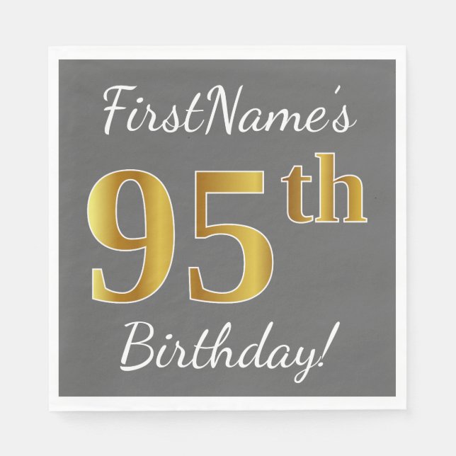 Serviettes Jetables Grey, Faux Gold 95e anniversaire + Nom personnalis (Devant)