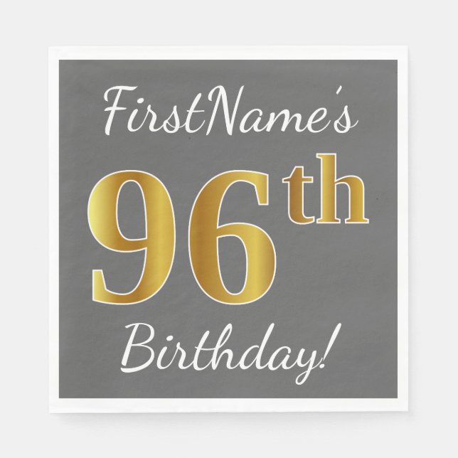 Serviettes Jetables Grey, Faux Gold 96e anniversaire + Nom personnalis (Devant)