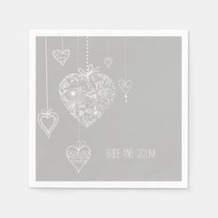 Serviettes Jetables Gris Blanc Romantique Coeurs Mariage