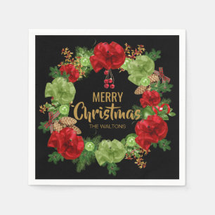 Serviettes Jetables Guirlande Noir Rouge Or Personnalisée Joyeux Noël