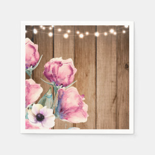 Serviettes Jetables Guirlandes lumineuses et fleurs champêtres Bois de