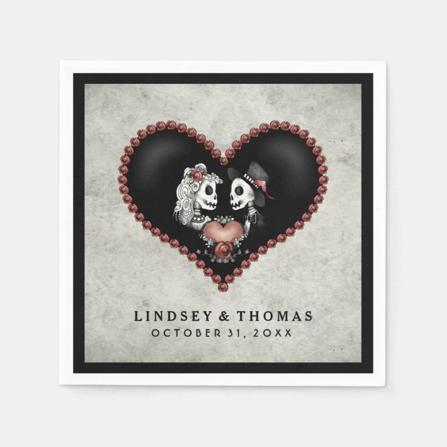 Serviettes Jetables Halloween Gris & Noir Skeletons & Mariage de coeur (Devant)