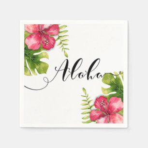 Serviettes Jetables Hibiscus Tropical Blanc Feuille Chic Mariage Aloha