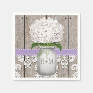 Serviettes Jetables Hydrangée blanche violette monogramme Mason Jar