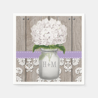 Serviettes Jetables Hydrangée blanche violette monogramme Mason Jar