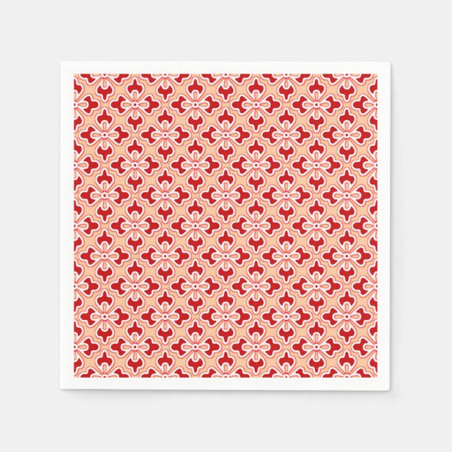 Serviettes Jetables imprimé kimono floral, rouge foncé et pêche (Devant)