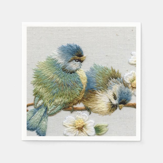Serviettes Jetables joli oiseau à broderie turquoise à la menthe (Devant)