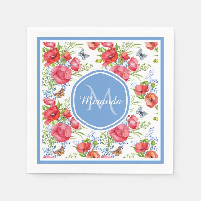 Serviettes Jetables Joli Poppies rouges avec papillons bleus et nom (Devant)