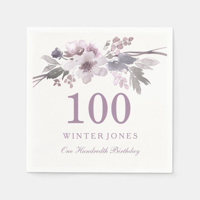 Serviettes Jetables Jolie Fête d'anniversaire des 100 ans Fleur Violet (Devant)