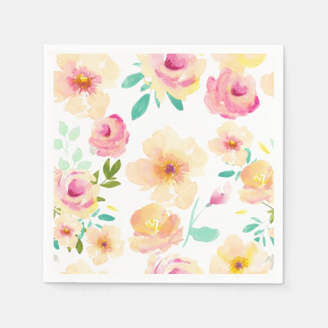 Serviettes Jetables Jolie Peach rose jaune Aquarelle Florale (Devant)