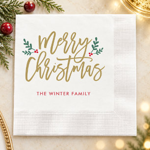 Serviettes Jetables Joyeux Noël Antique Or Script Nom de Famille