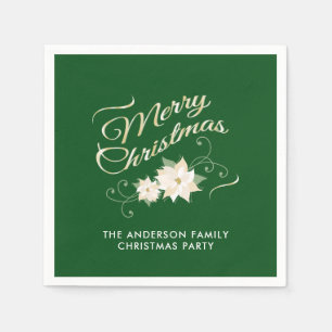 Serviettes Jetables Joyeux Noël & Poinsettias blanches sur fond vert