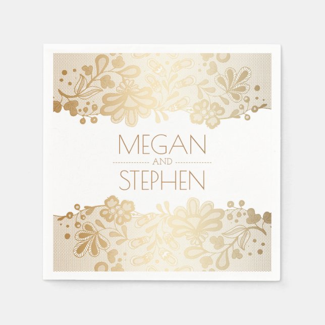 Serviettes Jetables Lace Elegant or et Mariage blanc (Devant)