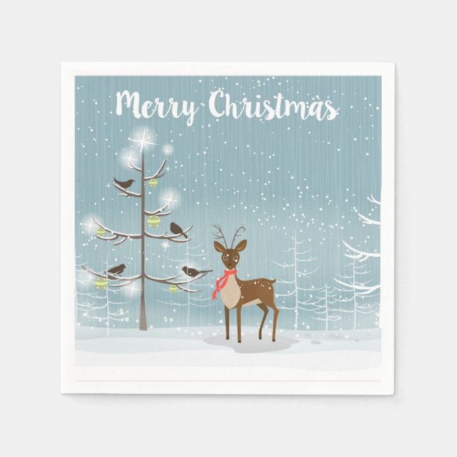 Serviettes Jetables Le cerf de Noël dans le bois hivernal (Devant)