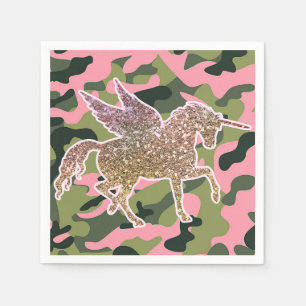 Serviettes Jetables Licorne Camouflage Vert Rose & Paillettes Dorées