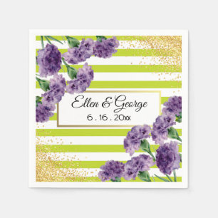 Serviettes Jetables Lime Green Stripes Purple Carnations Gold Confetti